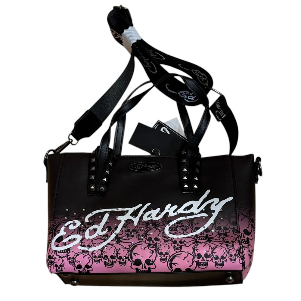 Ed Hardy Satchel Women Small Black Pink NWT Skull Rhinestone Studded EHH242BR1